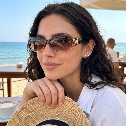 TJUTR Polarized Sunglasses for Women with Wrap Around Butterfly Design, Trendy Jackie-O Style for UV400 Protection - color: A6 Gradient Brown Frame Brown Lenses