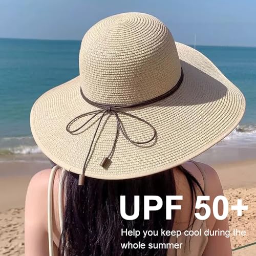 DRESHOW Beach Hats for Women Big Straw Wide Brim Summer Hat Floppy Foldable Roll up Cap Sun Hat UPF 50+ - color: 1 Pack Bowknot Hat: Beige, 4.7" Brim