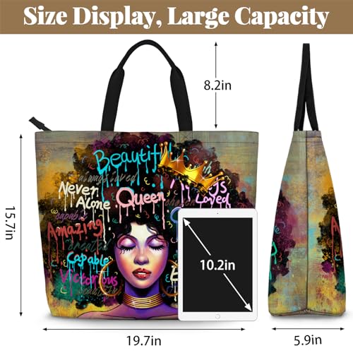 African American Women Tote Bag Black Shoulder Handbag For Women Fit Work Beach Labtops With Zip - color: Black Women 7