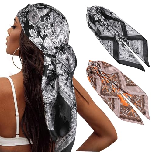 Head Scarf for Women Hair - 2 Pack 35" Square Satin Scarf, Silk Hair Scarf for Women Head Wrap for Sleeping - color: Brown & Black