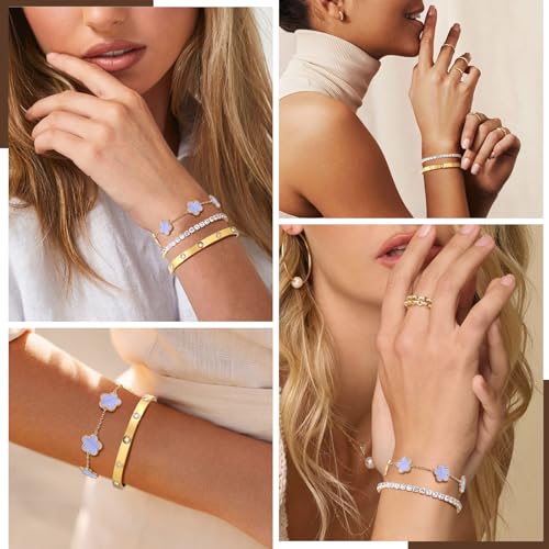 Womens Stackable Floral Gold Bracelets - 3Pcs 18K Gold Plated Bracelet,Stainless Steel Bangle Bracelets Non Tarnish, Gold Bracelet Set Trendy Jewelry,Christmas Valentines Birthday Gifts for Girlfriend - color: Blue
