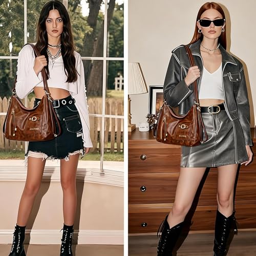 Y2K Trendy Purse for Women, Leather Buckle Punk Hobo Clutch Purses Bags for Ladies Top Handle Shoulder Bag - color: Bigbrown