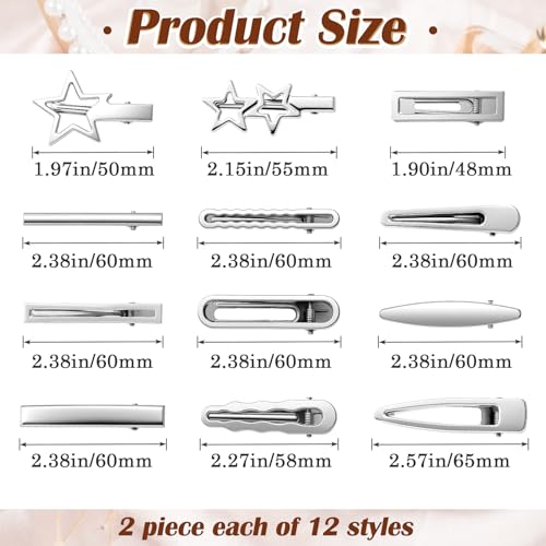 24pcs Cute Metal Hair Clips, 12 Styles Silver Hair Clip Alligator Barrettes, Rectangle Wavy Non-Slip 2000s Hair Accessories for Women Daily, Party