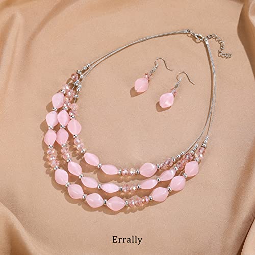 3 Layered Chunky Statement Necklace for Women Beaded Strand Necklaces with Earring Fashion Costumes Collar Necklace Jewelry Sets Gifts for Women - color: Pink