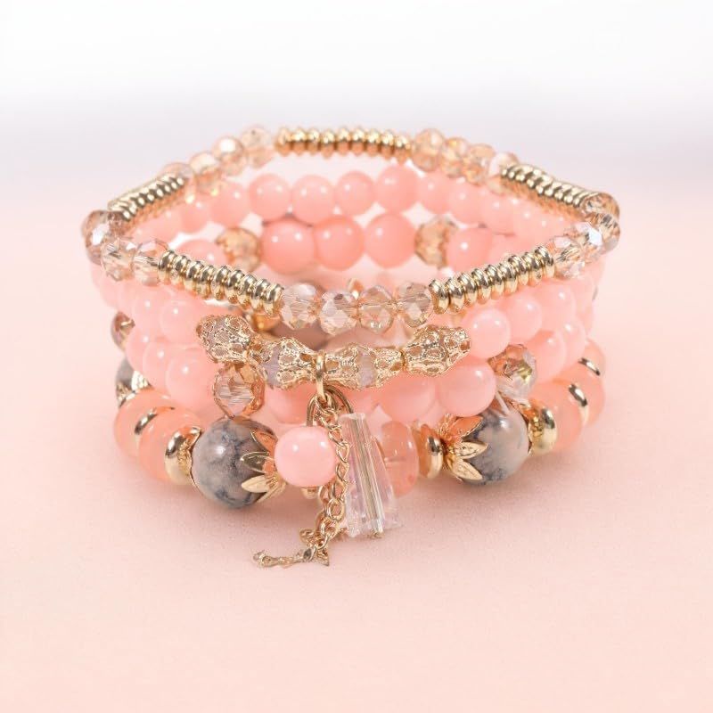 Caiyao 4Pcs Bohemia Multilayer Stackable Beaded Bracelets Set Colorful Crystal Stone Gold Beaded Stretch Bracelets Hawaii Charm Bracelet for Women Men Summer Beach Boho Vacation Jewelry Gifts - color: Pink