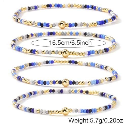 Boho 4Pcs Stack Colorful Small Seed Beaded Bracelets Set for Women, Cute Handmade Dainty Trendy Gold Plated Stretch Accessories Thin Glass Jewelry, Summer Daily Party Friendship Gift - color: Royal Blue