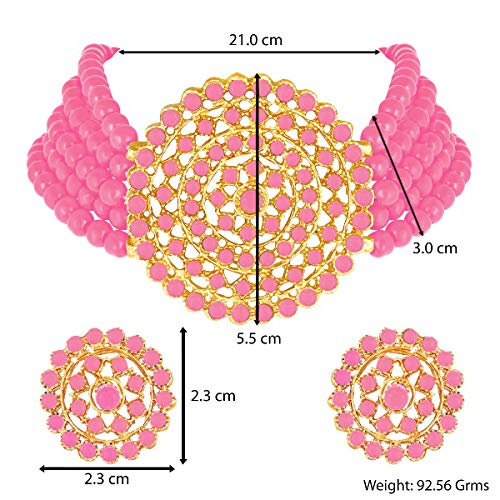 Aheli Pearl Diamond Choker Necklace & Round Earrings Gift for Women Indian Traditional Bollywood Fashion Bharatanatyam jewellery set - color: Pink