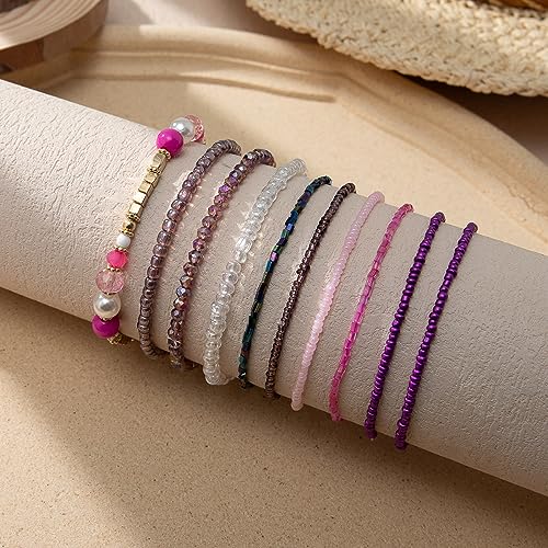 Caiyao Bohemian Multilayer Stackable Seed Beaded Bracelets Colorful Crystal Glass Beads Strand Bangle Bracelet BFF Wristbands Bracelet for Women Summer Beach Hawaii Jewelry Birthday Gifts - color: Purple 2