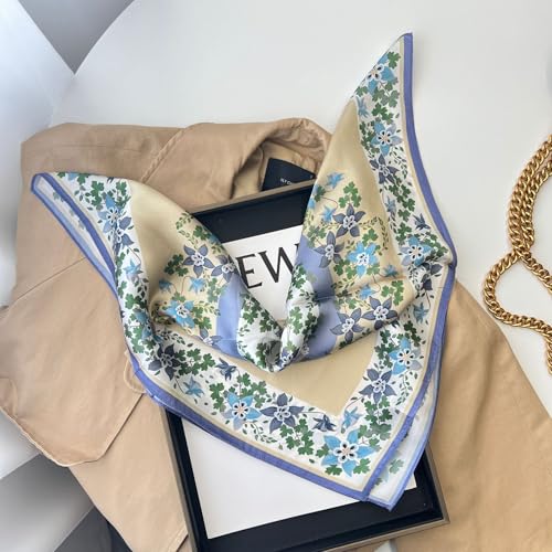 MEISEE 100% Pure Mulberry Silk Scarf 21" Square Scarf Neckerchief Headscarf Breathable Lightweight for Women Gift Packed - color: M3 Beige + Gray Blue