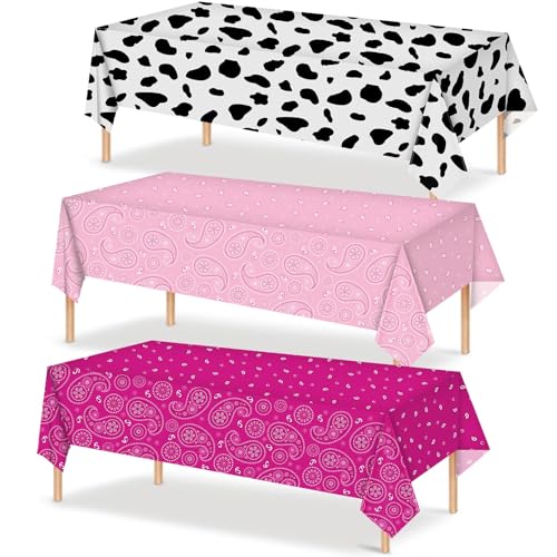 Tatuo Western Party Tablecloth Paisley Table Cover Bandana Plastic Table Cloth Rectangle Floral Tablecloth for Western Cowboy Themed Party 108 X 54 Inch(Deep Rose,Light Rose,Cow Pattern,3 Pack) - color: Deep Rose,light Rose,cow Pattern