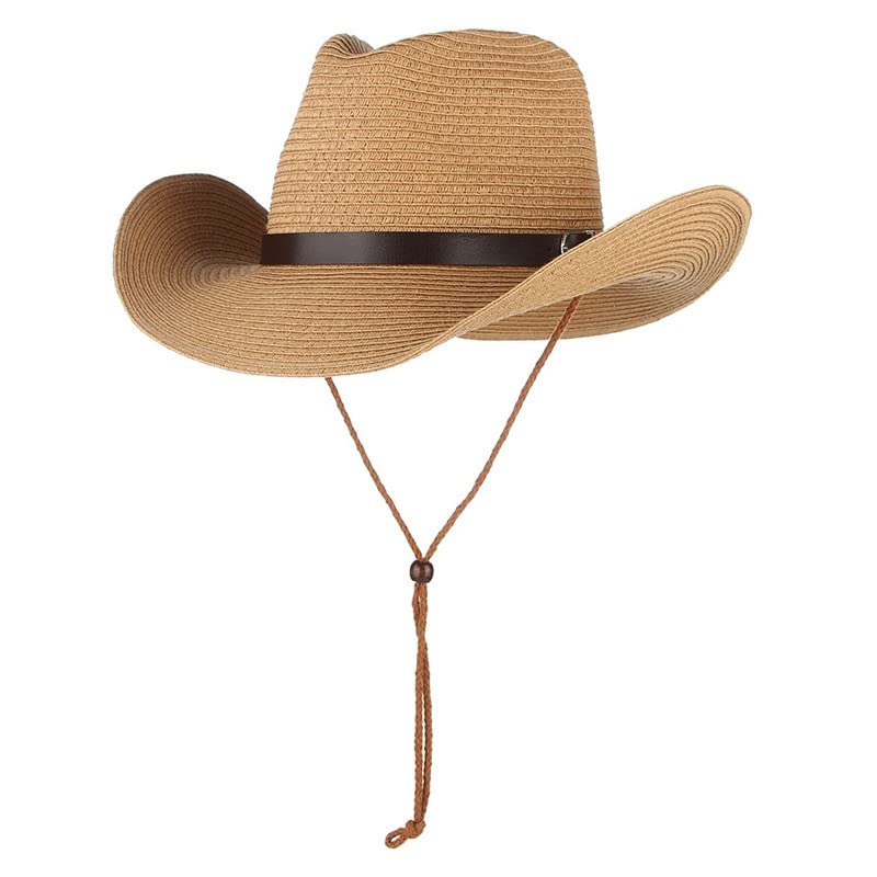 Wide Brim Straw Cowboy Hat for Men Women Western Cowgirl Sun Hat Packable UPF 50+ Beach Cap Shapeable Fedora Panama Cap - color: Khaki