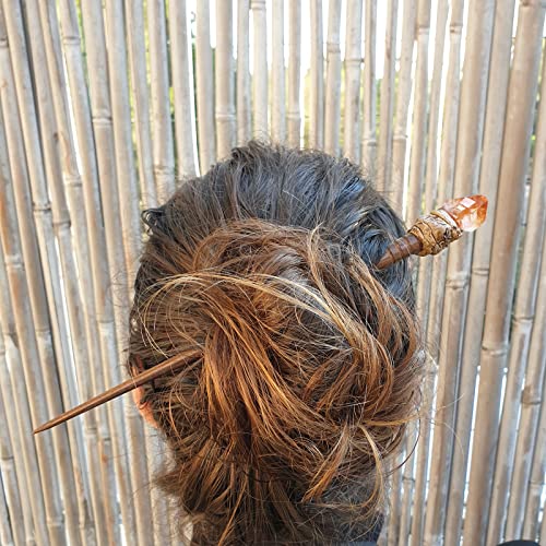 Natural Tumbled Healing Gemstone Crystal Wooden Hair Stick Handmade Gifts Boho Reiki by Smoky Quartz (Citrine raw) - color: Citrine raw