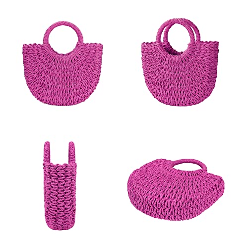 Womens Straw Beach Bag Woven Crossbody Shoulder Bags Top Handle Satchel Handbag Purse for Summer - color: Rose Red