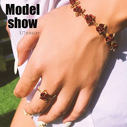 U7 Rose Flower Ring, Stackable Band Ring for Women Girls, Platinum Silver/Gold/Rose Gold Red Signet Rings Adjustable Fit Size 5 to 10 - color: Red Rose-Gold