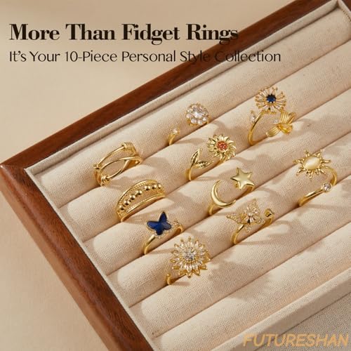 10Pcs Fidget Anxiety Rings for Women Adjustable Spinner Ring Gifts for People With Anxiety Moon Sun Butterfly Galaxy Daisy Flower CZ Stress Relief Calm Rings Jewelry 14K Gold/Silver/Rose Gold Plated - color: 14K Gold Plated