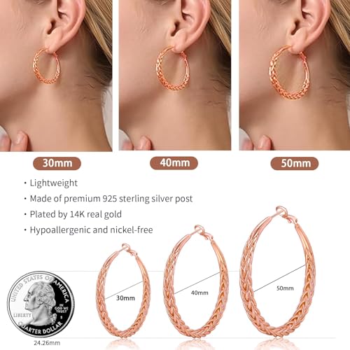 Senteria Silver Hoop Earrings for Women Hypoallergenic 925 Sterling Silver Post Hoop Earrings Lightweight Large Hoops Earring Thick Twisted Silver Hoops 30/40/50MM - color: 50mm rose gold