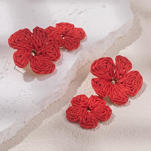 Boho Flower Earrings Statement Raffia Dangle Earrings Cute Floral Jewelry Trendy Summer Beach Vacation Outfits for Women - color: Red