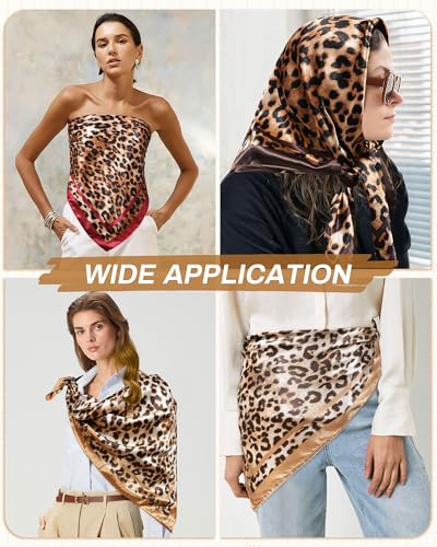 Mesovor 35” Square Head Scarf for Women, 3 Pack Like Silk Satin Headscarf Hair Neck Scarf Top Bandanas for Sleeping - color: Leopard(red/Coffee/Khaki)