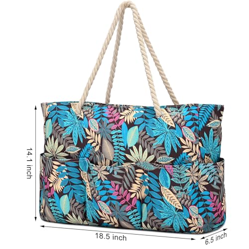 Becokan Beach Bags for Women Canvas Large Beach Tote Bag Zipper Waterproof Sandproof Foldable Swim Pool Bag with 7 Pockets - color: Leaves