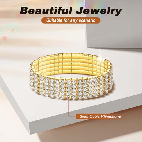 Kucheed Rhinestone Stretch Bracelets, Twinkle Diamond Tennis Bangle, Silver Crystal Sparkling Bridal Stackable Bracelet Jewelry, Bling Shining Wedding Party Elastic Band Bracelet for Women - color: Gold - 8 Rows