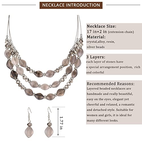 3 Layered Chunky Statement Necklace for Women Beaded Strand Necklaces with Earring Fashion Costumes Collar Necklace Jewelry Sets Gifts for Women - color: Grey
