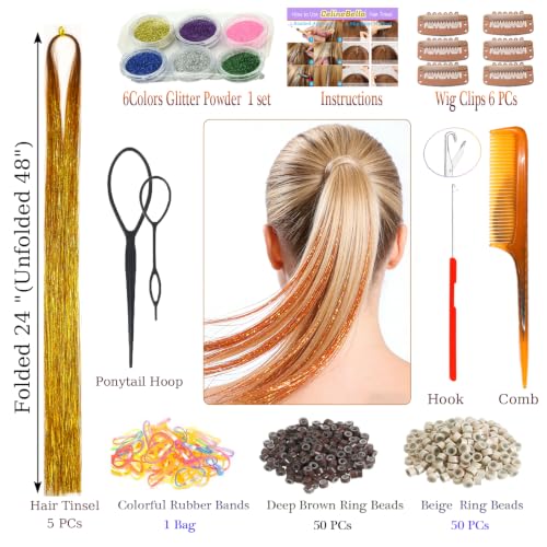 Celinebella Orange Gold Hair Tinsel, 48"1250 Strands Tangerine Shimmer | Vibrant warm orange gold metallic shade, durable lightweight, heat resistant, for festivals concerts & summer parties - color: 13-Gilded Tangerine, size: 48 Inch Pack of 5Pcs