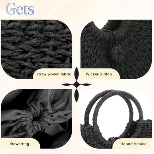 Gets Handwoven Rattan Top-handle Bag for Women Bohemian Round Straw Tote Bag Beach Large Carrying Handbag - color: Black