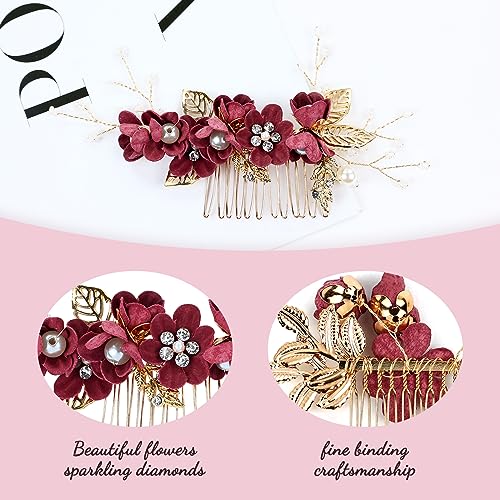 inSowni 20 Pack Classic White Dusty Pink Blue Flower Bridal Wedding Hair Side Combs+U-shaped Flower Hair Pins+Twist Spiral Pearl Hair Pins Pieces Headpieces Accessories for Brides Bridesmaids Women - color: Wine Red