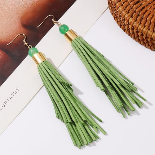 Coiris Boho Leather Layered Tassel Earrings for Women Lightweight Leather Fringe Dangle Earrings Handmade Bohemian Summer Beach Western Drop Earrings for Women - color: Green