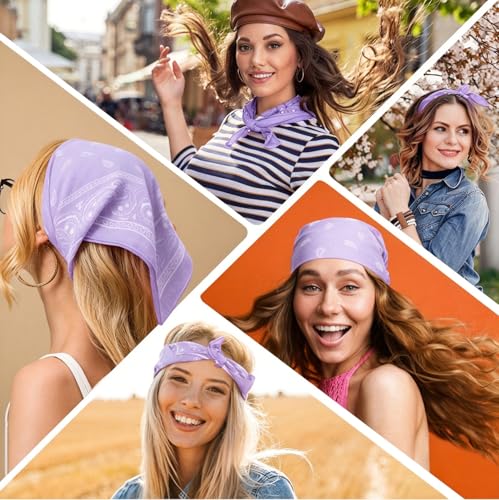 PLULON Bandanas for Men Women 4/12/24/30 Pack, Paisley Pattern Bandana Bulk Headbands Handkerchief Face Mask 100% Polyester - color: Light Purple