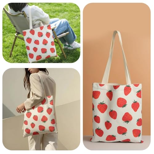 1-PACK Cute Strawberry Print Canvas Tote Bag, Reusable Grocery Bag with Magnetic Snap Closure & Inner Zipper Pocket, Aesthetic Gift for Women - color: A1-strawberry 1 Pack