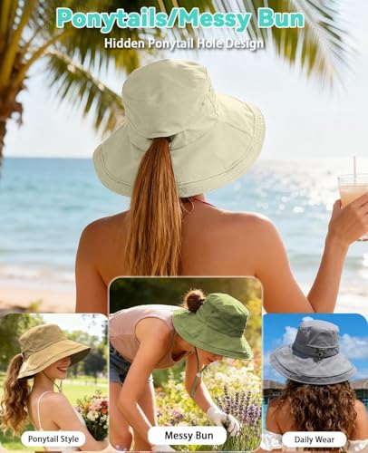 Rosoz Women Sun Hat with Ponytail Hole Wide Brim Bucket Hats UPF 50+ Beach Hiking Gardening Hat Water-Resistant Outdoot Hat - color: Green