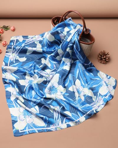 AWAYTR 27.5” Square Satin Head Scarf Hair Scarf for Women's Hair Silk Bandana for Women Silk Head Wrap for Sleeping - color: Flower (Blue)