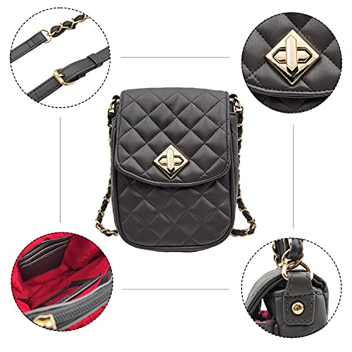 Phone Crossbody Bags for Women Small Vegan Leather Mini Shoulder Wallet Card Quilted Purse - color: B - Dark Grey & Gold