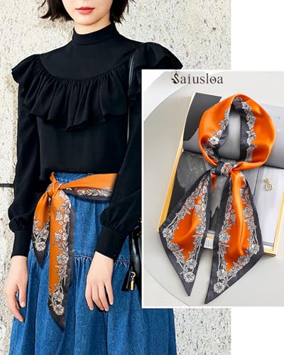 Purse Scarf For Handbags Head Scarves For Women's Hair Bags Scarfs Long Skinny Scarves Fashion Silky - color: A16-orange Gray Border