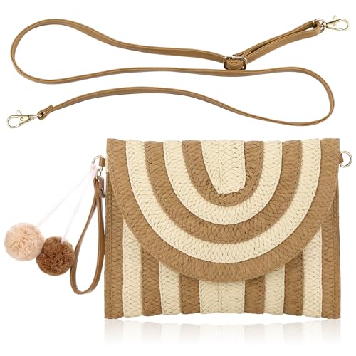 Frienda Straw Purses for Women Straw Clutch Crossbody Bag Summer Beach Shoulder Bag Woven Envelope Wallet Handbags - color: Beige and Khaki