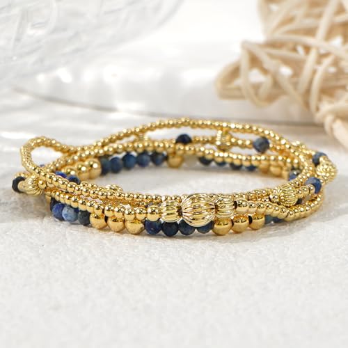 Dainty 14K Gold Lantern Beaded Bracelets Stack for Women,4PCS Colorful Glass Beads Stretch Stackable Bracelets Set Fashion Prom Jewelry Gift Friendship - color: Indigo