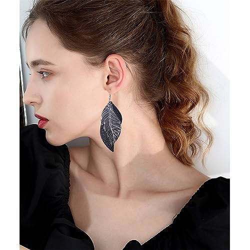 ANXIN boho unique Leather Earrings 2 Layered Lightweight Faux Leather Leaf Earrings Layered Design Drop Earrings Gift for Women - color: Black Faux Leather Leaf Earrings