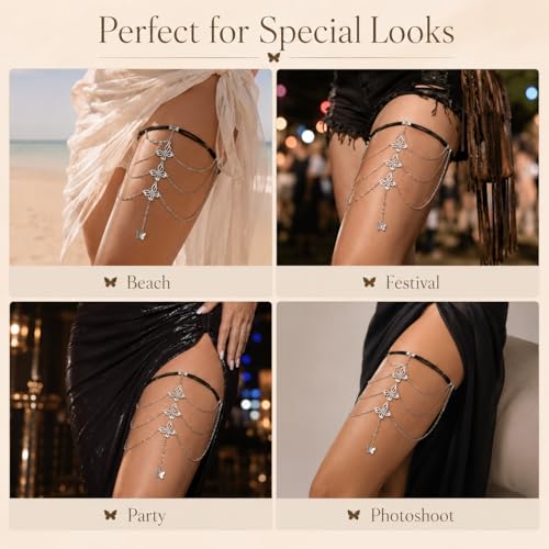 Butterfly Leg Chain for Women Green Butterfly Thigh Jewelry Lace Garter Body Chain Fairy Festival Party Outfit Accessory Gift - color: Silver