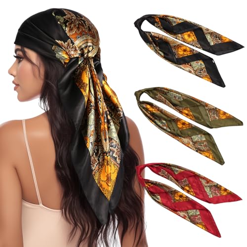 3 Pcs Satin Head Scarves for Women - 35" Satin Hair Scarves Large Square Silk Like Scarves & Bandanas - color: Black,deep Green,red