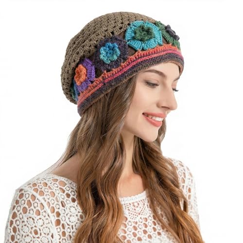 ZLYC Women Cotton Crochet Slouchy Beanie Hat Handmade Knit Summer Skull Cap - color: Colorful Flower Tan