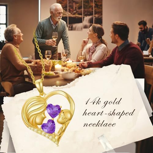 Mothers Day Gifts 14K Yellow Gold Mother Daughter Heart Pendant Necklace with 12 Months Birthstone Birthday Gifts for Mom Anniversarry Jewelry for Mom Wife Girlfriend - color: 02-02-Feb-Feb Birthstone