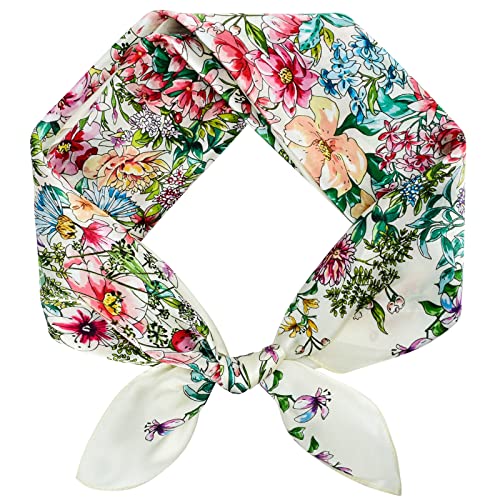 Stlvoll 100% Silk Head Scarf for Women - 27" Hair Scarves Satin Bandanas Square for Night Sleeping with Gift Packed - color: White/Flower