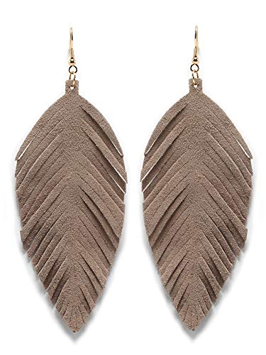 Large Genuine Soft Leather Handmade Fringe Feather Lightweight Tear Drop Dangle Color Earrings for Women Girls Fashion - color: Khaki