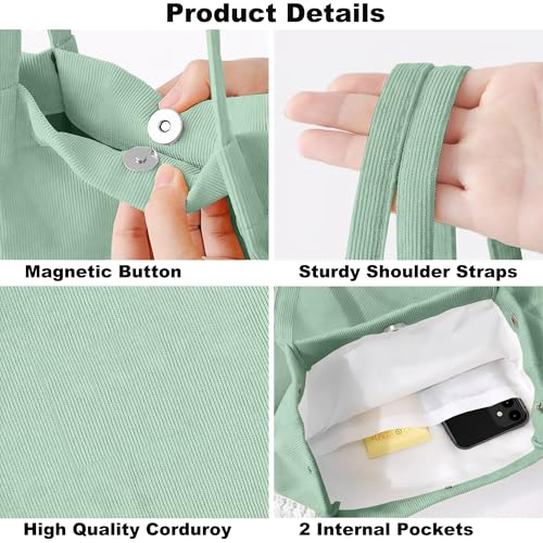 Corduroy Tote Bag for Women Small Canvas Shoulder Purse Cord Handy Bag with Inner Pocket | with Front Pocket - color: 02 Pea Green