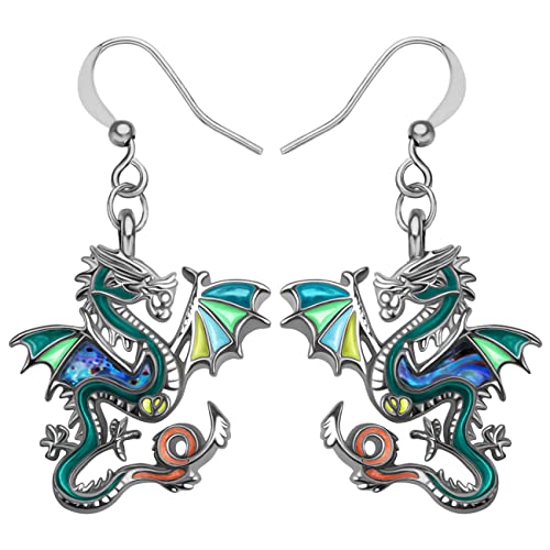 Enamel Alloy Dinosaur Fantasy Dragon Earrings Drop Dangle Unique Animal Jewelry For Women Dragons Gifts - color: Pine