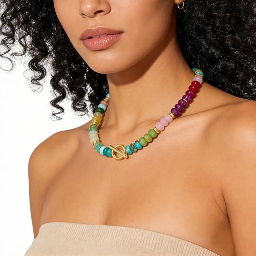 Colorful Beaded Necklace for Women Gemstone Bead Chokers Toggle Boho Natural Stone Surfer Necklaces Summer Beach Jewelry - color: A-Rainbow