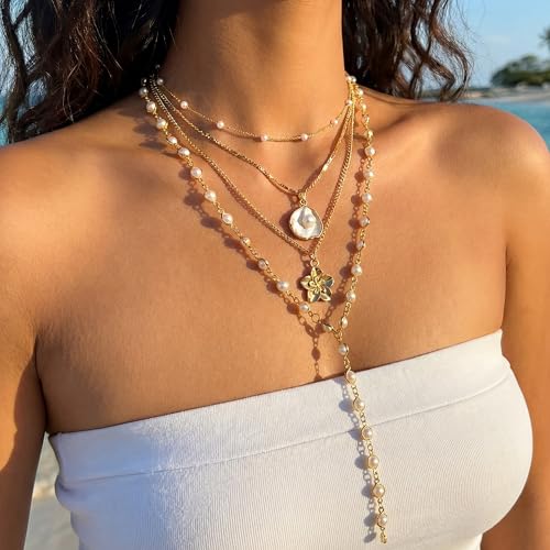 Shell Starfish Necklace for Women, Gold Plated Boho Layered Pendant Necklace with Pearl Conch Charm, Dainty Coastal Summer Beach Vacation Jewelry Gifts - style: Pearl 4Pcs