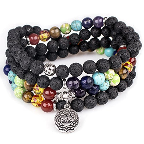 108 Mala Beads Necklace 7 Chakra Buddhist Prayer Beaded Bracelet Tree of Life Pendant Stone Yoga Necklace - color: Lava-OM Buddha