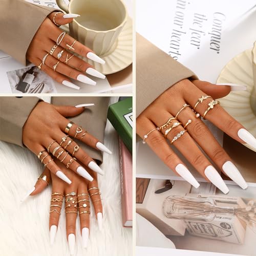 FAXHION 24-60 Pcs Gold Stackable Rings for Women, Knuckle Rings Chunky Gold Ring Set Dainty Stacking Cute Rings, Multiple Sizes Cute Jewelry Set Gift - style: Modern, Contemporary, American
